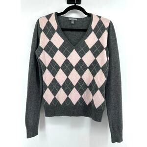 Women's 100% Cashmere Sweater Size M Gray Pink Argyle V-Neck Academia